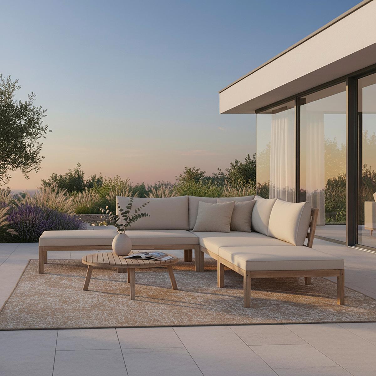 Loungegarnitur Lina Creme Echtholz/Outdoorstoff - Creme/Akaziefarben, MODERN, Holz/Textil (250/250cm) - Bessagi Garden