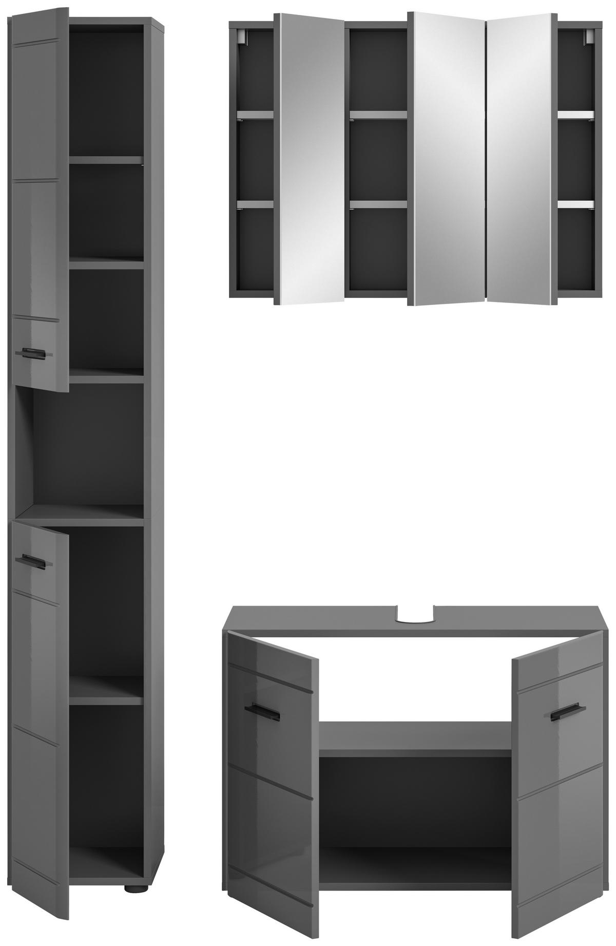 Badezimmer Soft 3-tlg. ca. 110 cm Grau hochglanz - Grau Hochglanz/Schwarz, MODERN, Holzwerkstoff/Kunststoff (110cm) - MID.YOU