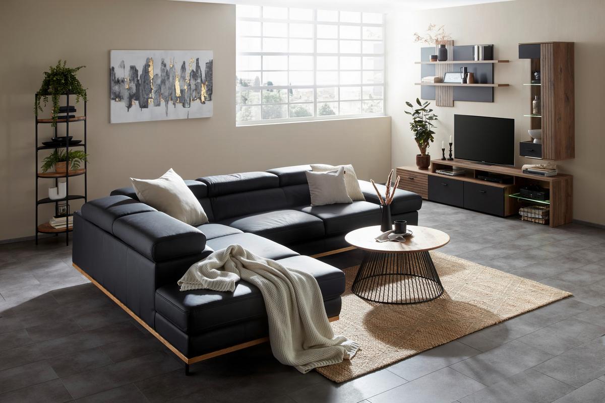 Wohnlandschaft Carmen Schwarz - Schwarz, Modern, Leder/Holz (292/72/226cm) - Premium Living