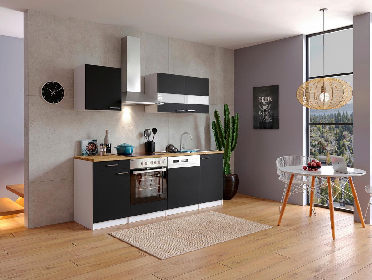 Küchenzeile Economy m. Geräten Schwarz/Nussbaum B: ca. 220 cm - Edelstahlfarben/Nussbaumfarben, Basics, Holzwerkstoff/Metall (220cm) - Respekta