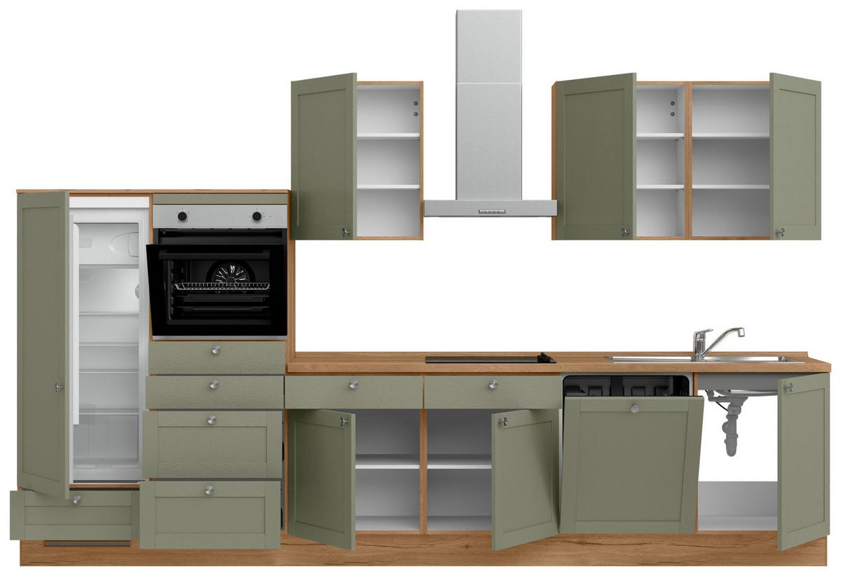 Küchenleerblock Frame Low o. Geräte Olivgrün - Edelstahlfarben/Eichefarben, MODERN, Holzwerkstoff/Metall (360cm) - Nobilia