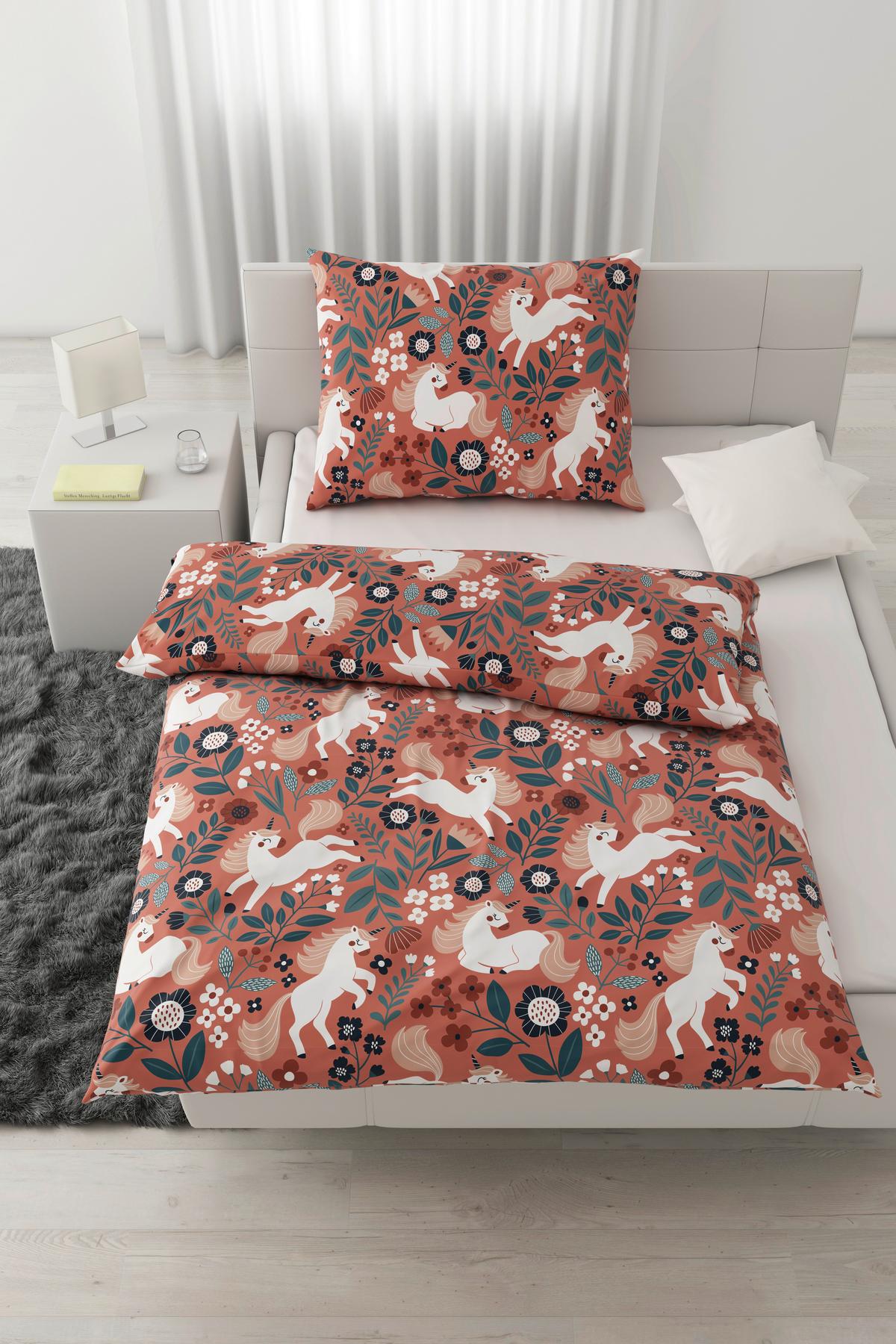 Jugendbettwäsche Einhorn ca. 160x210cm - Dunkelrosa, Modern, Textil (160/210cm) - Modern Living