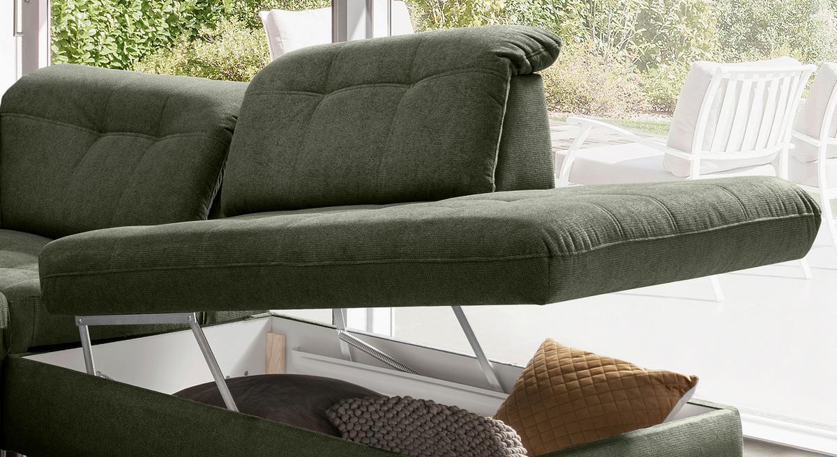 Wohnlandschaft Rigatti Dunkel Grün Chenille m. Bettkasten - Dunkelgrün/Schwarz, MODERN, Textil/Metall (184/387/252cm) - Livetastic