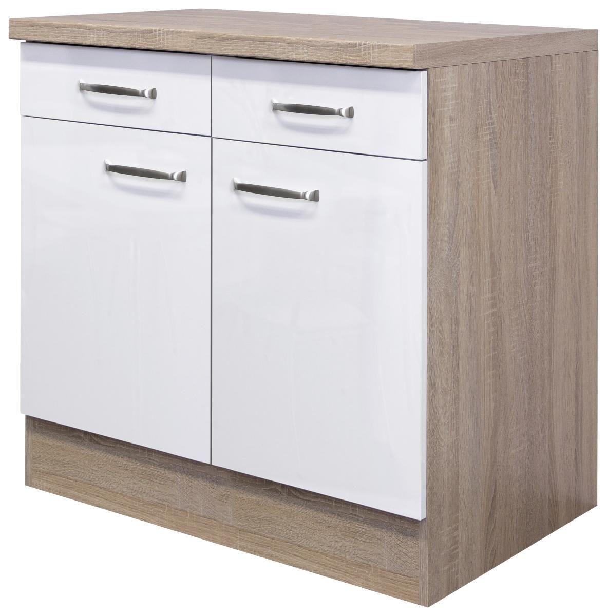 Küchenunterschrank Weiß Hochglanz/Eiche - Edelstahlfarben/Weiß Hochglanz, MODERN, Holzwerkstoff/Metall (80/86/60cm) - FlexWell