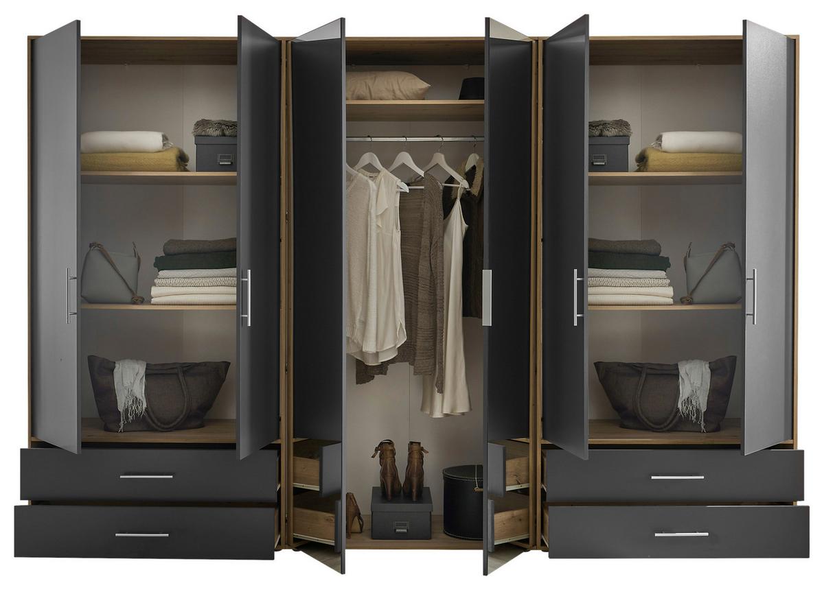 Șifonier VELAS - grafit/stejar Artisan, Konventionell, sticlă/material pe bază de lemn (305/207/58cm) - Modern Living