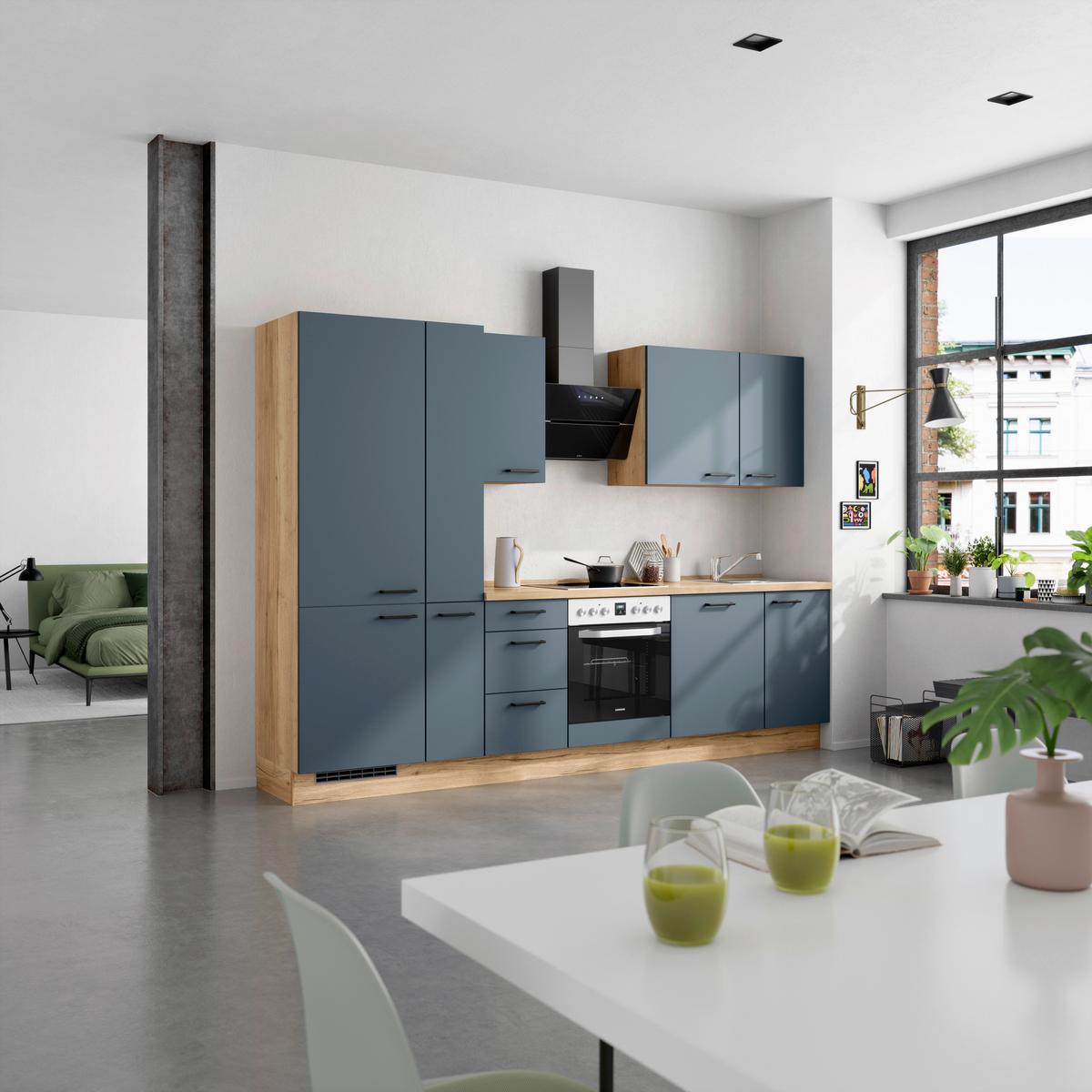 Küchenblock Easytouch High m. Geräten Dunkelblau - Eichefarben/Schwarz, MODERN, Holzwerkstoff/Metall (300cm) - Nobilia