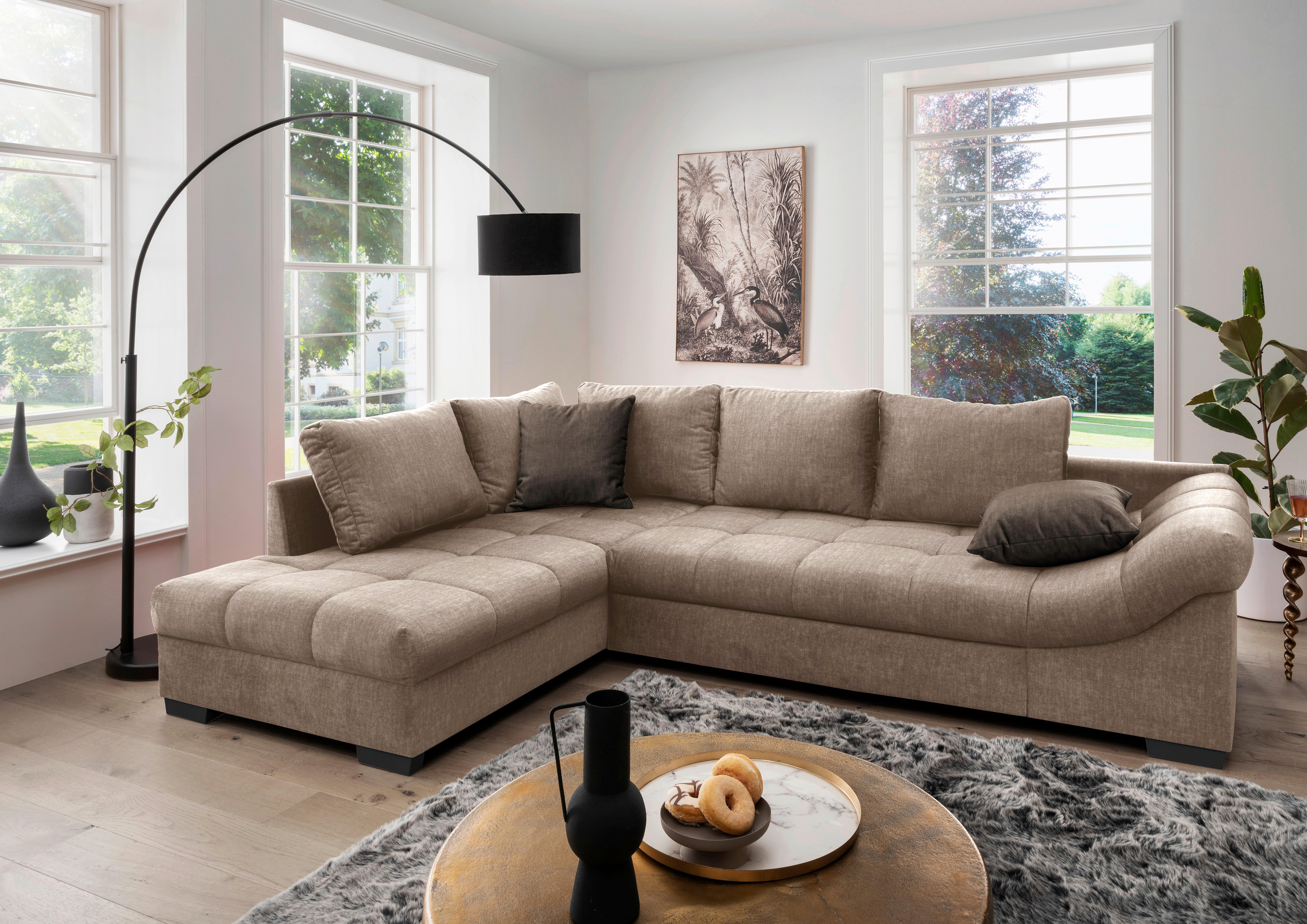 Wohnlandschaft Alvito Hellbraun Velours - Hellbraun/Dunkelbraun, MODERN, Holz/Textil (202/298cm) - MID.YOU