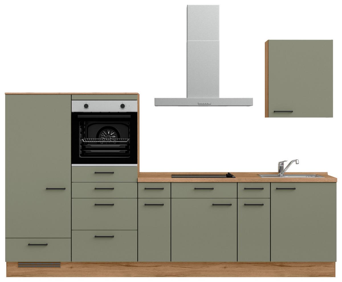 Küchenleerblock Senso Low o. Geräte Olivgrün - Eichefarben/Schwarz, MODERN, Holzwerkstoff/Metall (300cm) - Nobilia