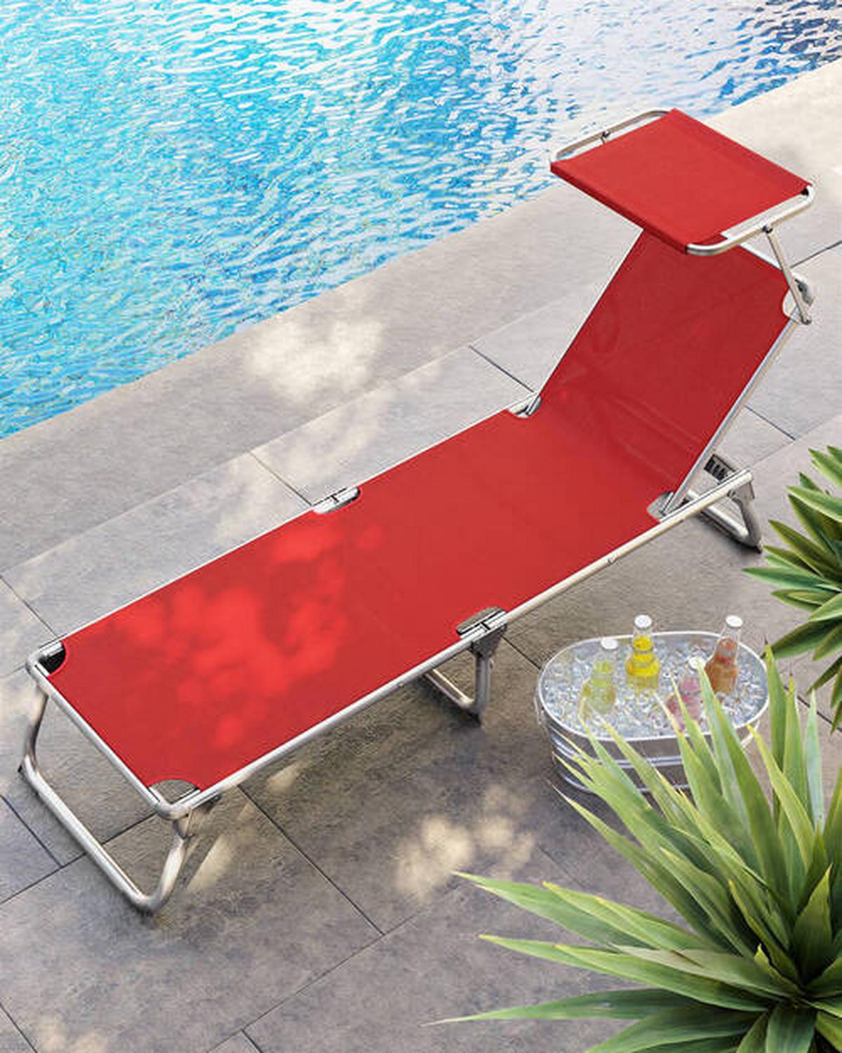 Gartenliege Rot/Alufarben mit Sonnendach - Rot/Alufarben, MODERN, Textil/Metall (55/31/193cm) - Modante