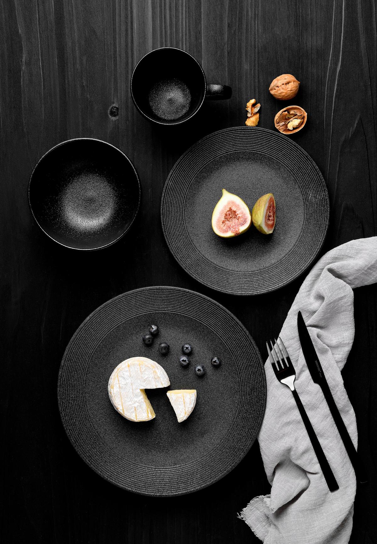 SERWIS OBIADOWO-ŚNIADANIOWY GROOVER - czarny, Lifestyle, ceramika (36.5/33.5/33.5cm) - Novel