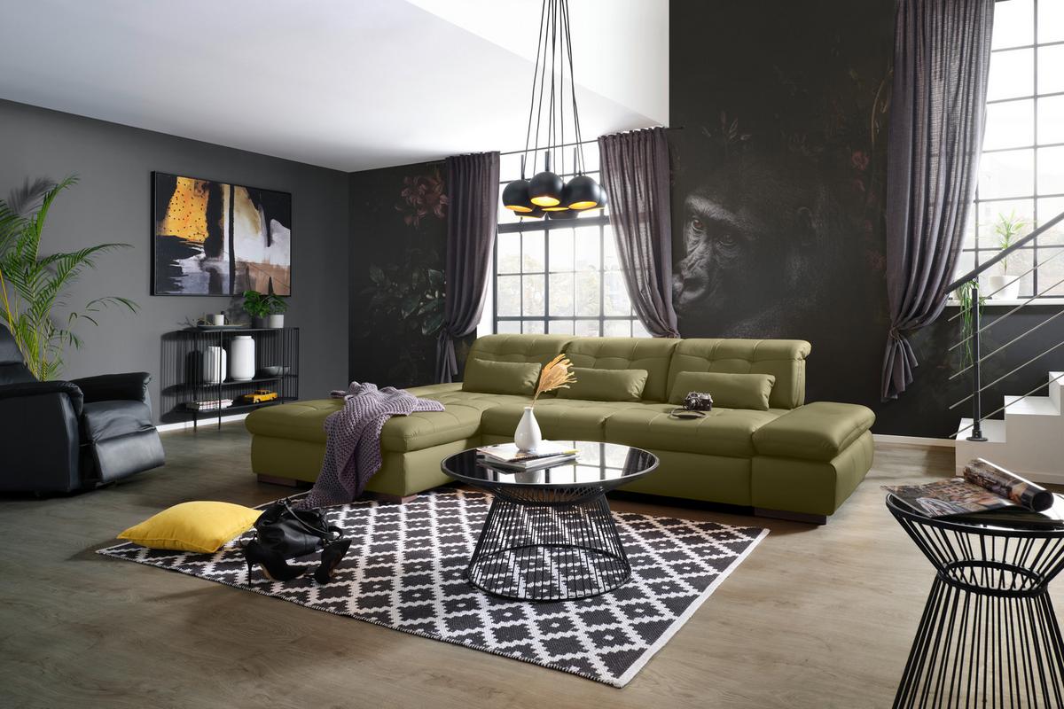 Wohnlandschaft Sanfino Leder Olivgrün - Chromfarben/Olivgrün, KONVENTIONELL, Leder/Metall (199/79-96/305cm) - Premium Living