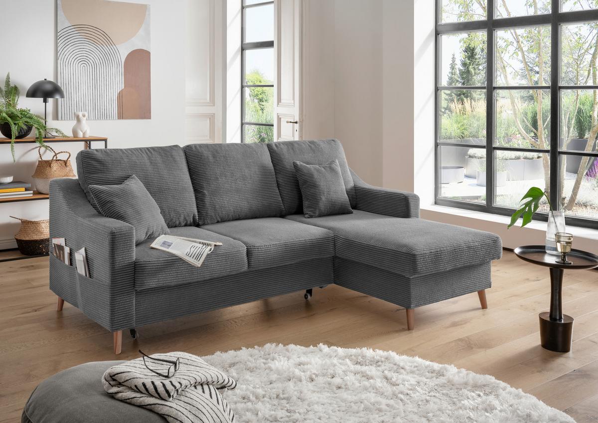 Ecksofa VALENTINA Cord ca. 228x150 cm Grau - Naturfarben/Grau, Design, Holz/Textil (228/150cm) - P & B