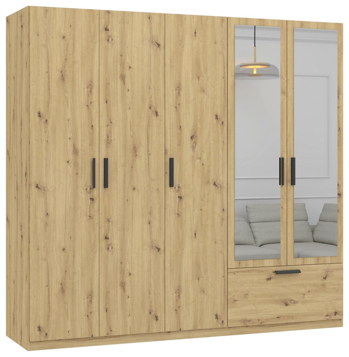 Drehtürenschrank Milos Eiche Artisan - Schwarz/Eiche Artisan, MODERN, Glas/Holzwerkstoff (225/210/54cm) - Mömax