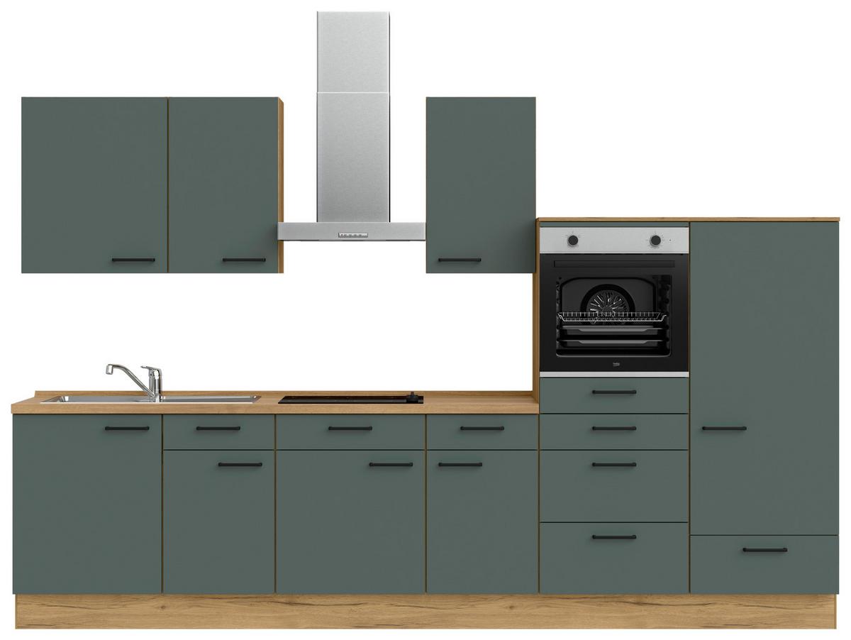Küchenblock Easytouch m. Geräten Dunkelgrün - Dunkelgrün/Eichefarben, MODERN, Holzwerkstoff/Metall (330cm) - Nobilia