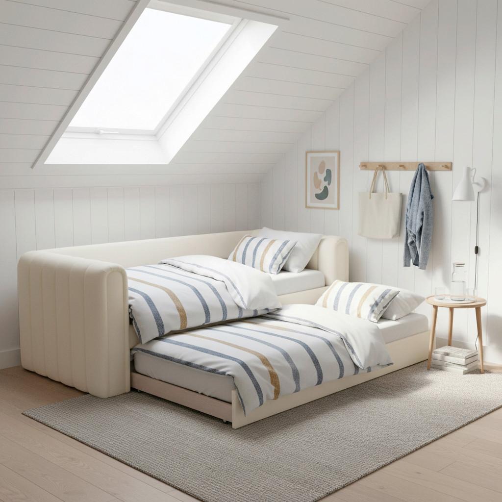 STOPPAD SÄNG TASHA - ljusbrun/svart, Modern, trä/textil (90/200cm) - Bessagi Home
