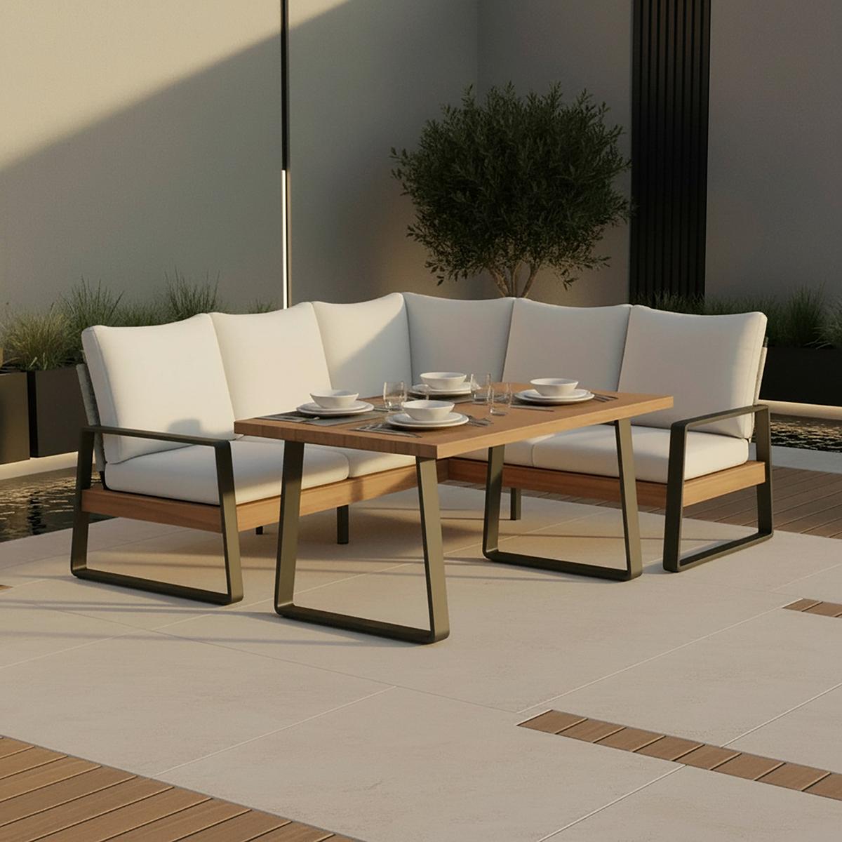 Dining-Loungeset Alexa Creme aus Holz/Textil/Metall - Anthrazit/Creme, Modern, Holz/Textil (208,5/81/85,5cm) - Bessagi Garden