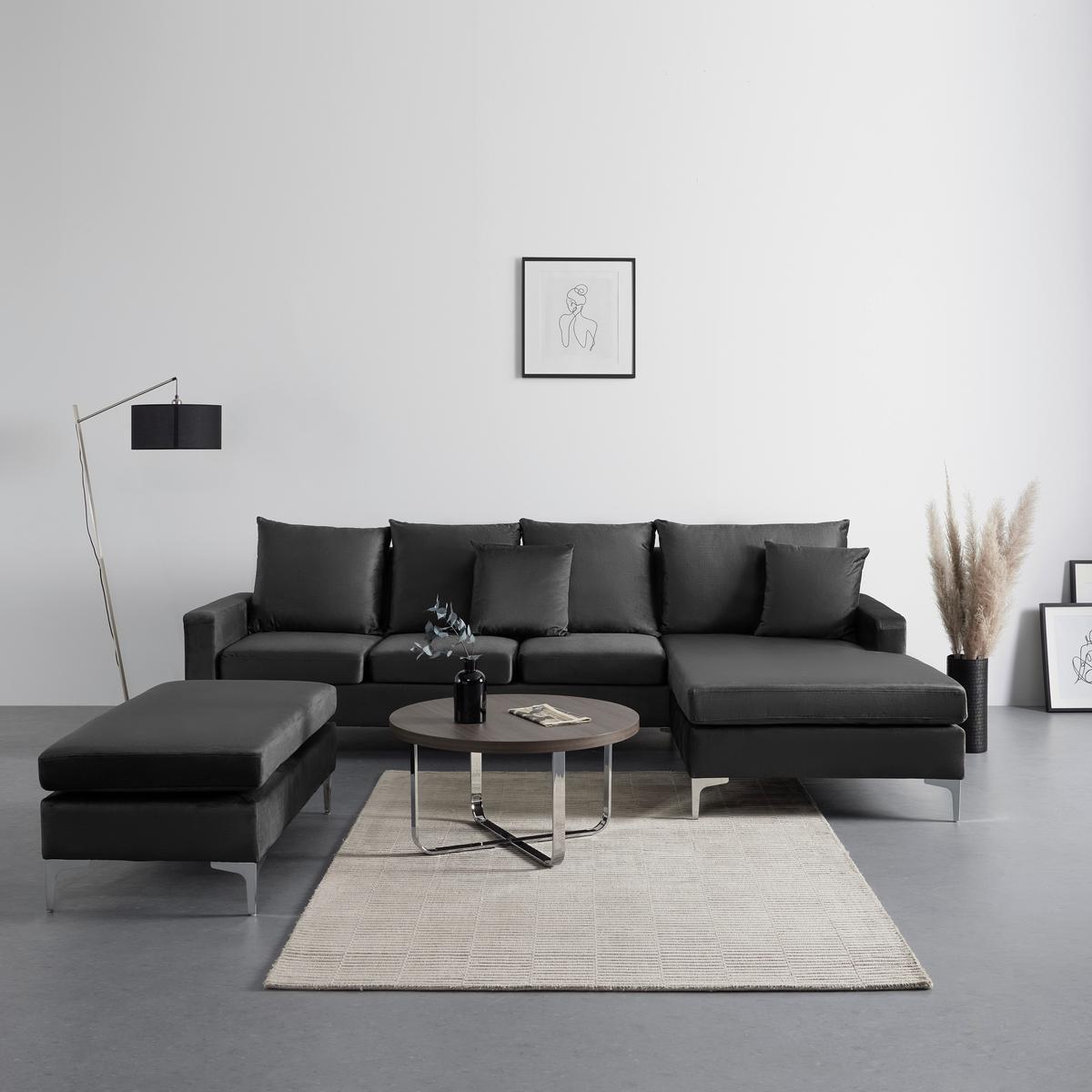 Wohnlandschaft Alondra Dunkelgrau Webstoff mit Hocker - Edelstahlfarben/Dunkelgrau, MODERN, Holz/Textil (287/80/182cm) - Bessagi Home