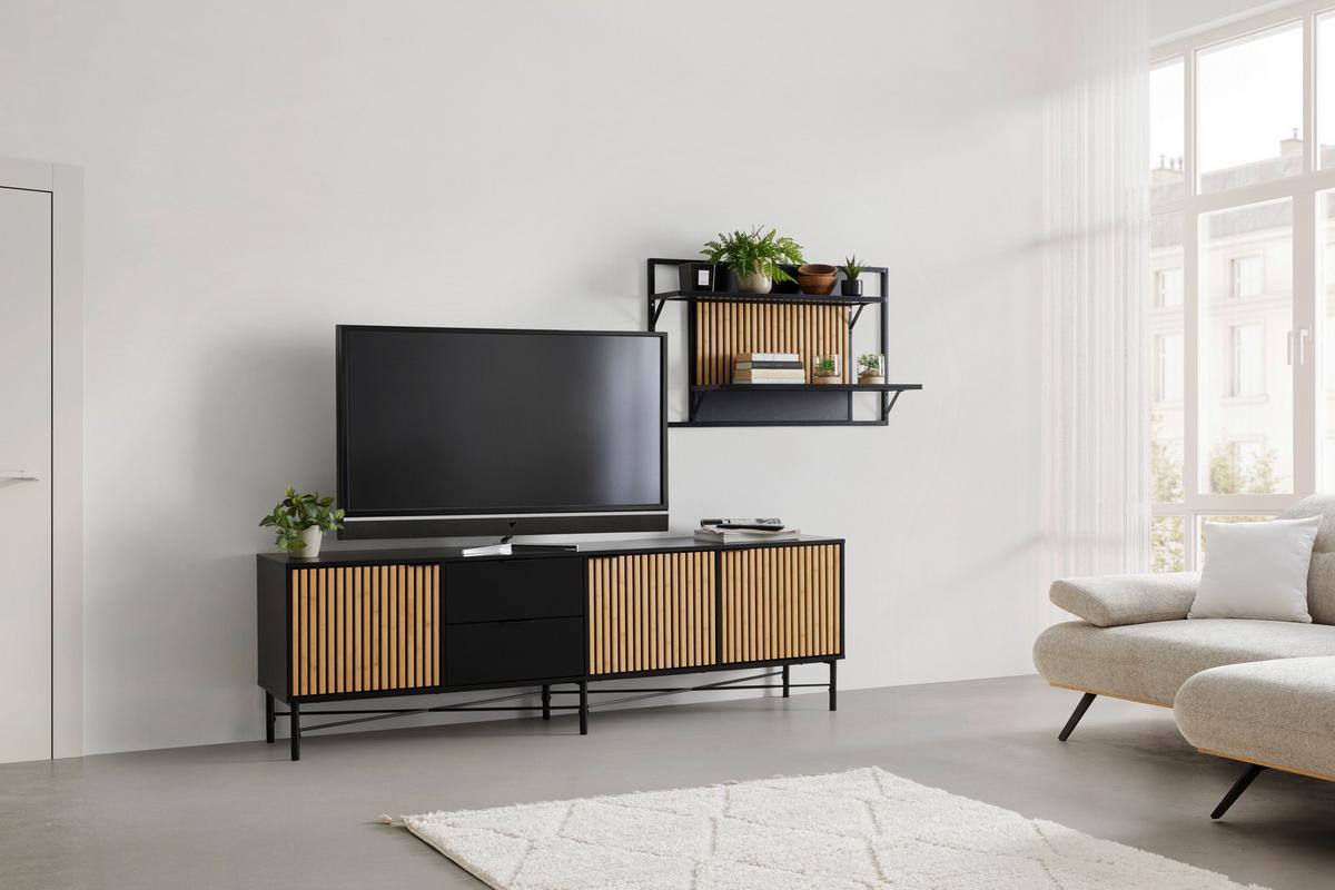 Lowboard Madrid Schwarz/Naturfarben massiv - Eichefarben/Schwarz, MODERN, Holz/Holzwerkstoff (195/60/40cm) - Mömax