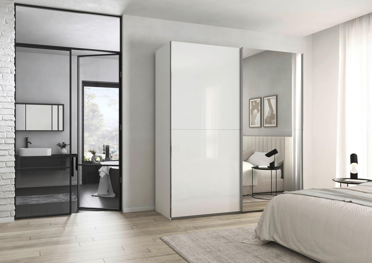 Schwebetürenschrank Fifty Grau/Weiß - Chromfarben/Weiß, KONVENTIONELL, Glas/Holzwerkstoff (201/223/66cm) - Premium Living