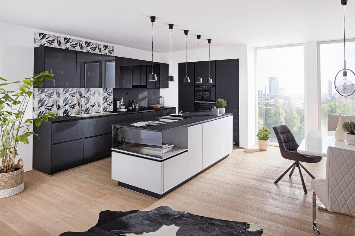 Bucătărie la comandă Stuctura/Fashion - culoare lemn wenge/gri deschis, Modern, sticlă/material pe bază de lemn (364/178cm) - Nobilia