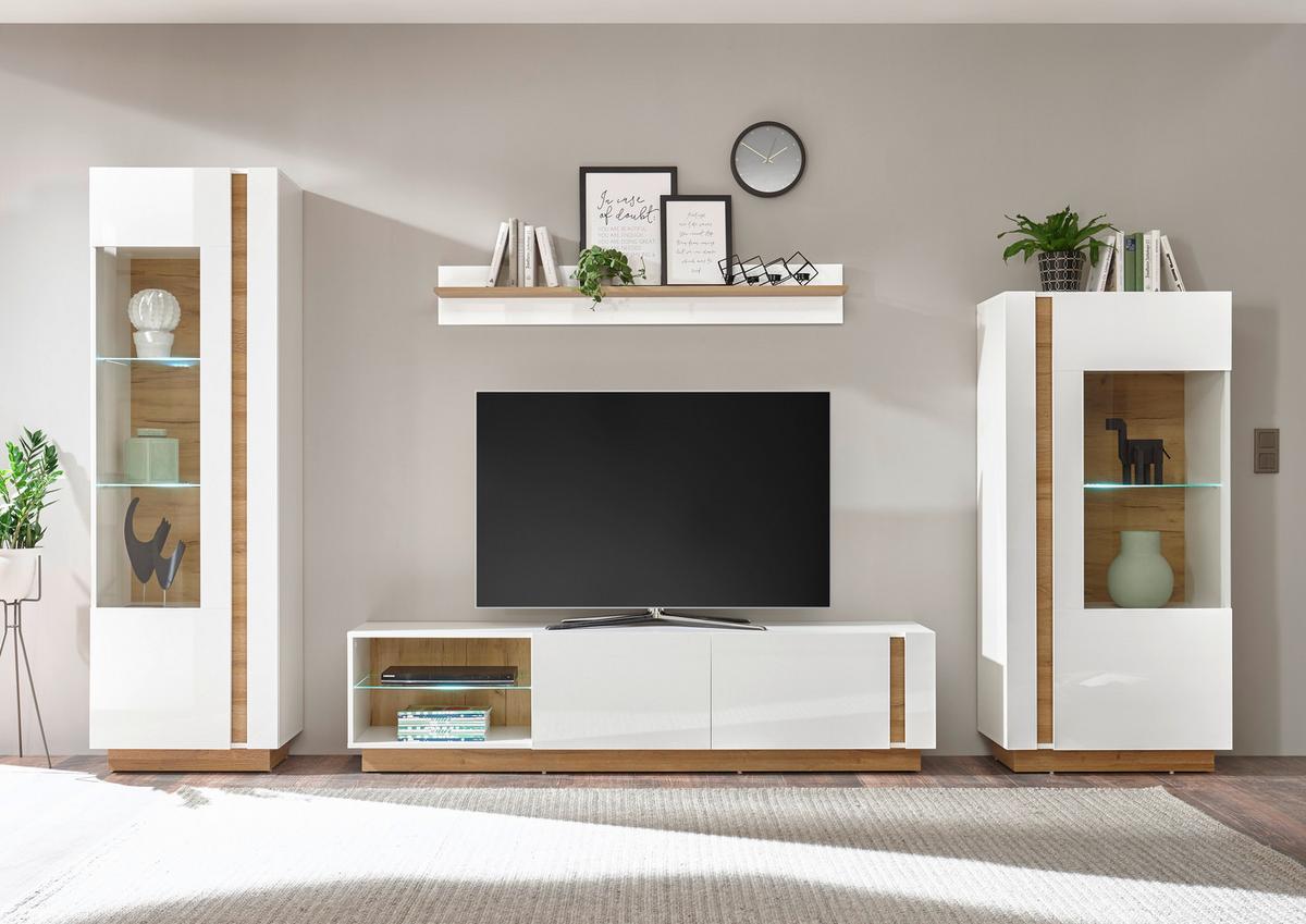 Wohnwand Clair Weiß/Eichefarben - Eichefarben/Weiß, Design, Glas/Holzwerkstoff (340/194/40cm) - MID.YOU