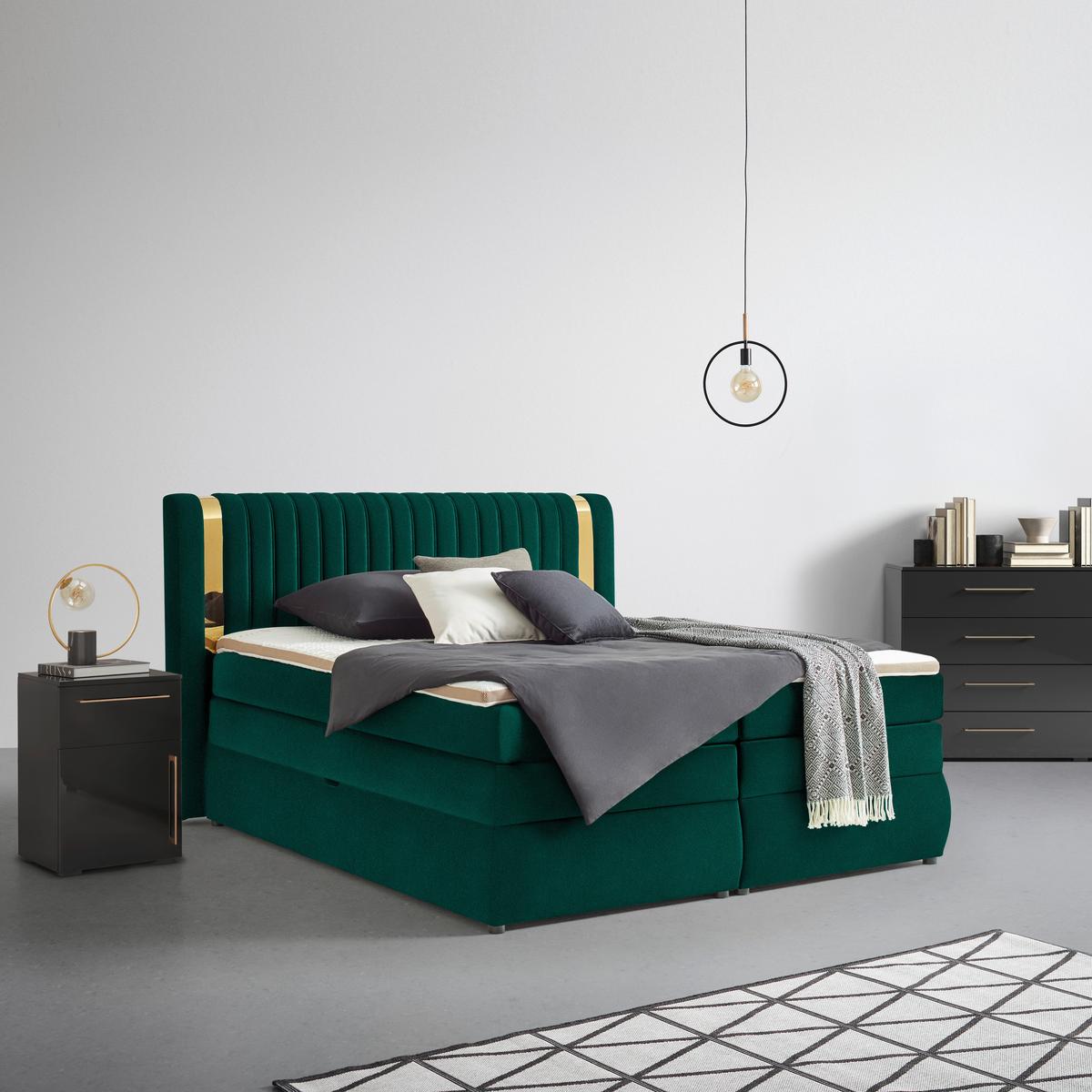 Boxspringbett Minola Gold Dunkelgrün ca. 160x200cm - Dunkelgrün/Schwarz, KONVENTIONELL, Kunststoff/Textil (160/200cm) - Premium Living