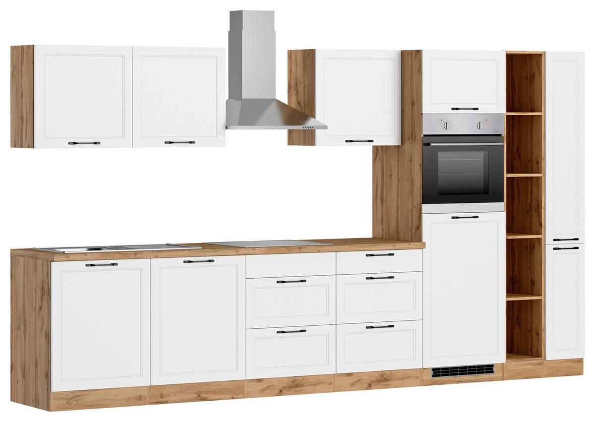 Küchenzeile Meran mit Geräten ca. 360 cm Weiß/Eiche Dekor - Eiche Wotan/Schwarz, LIFESTYLE, Holzwerkstoff/Metall (360cm) - Held
