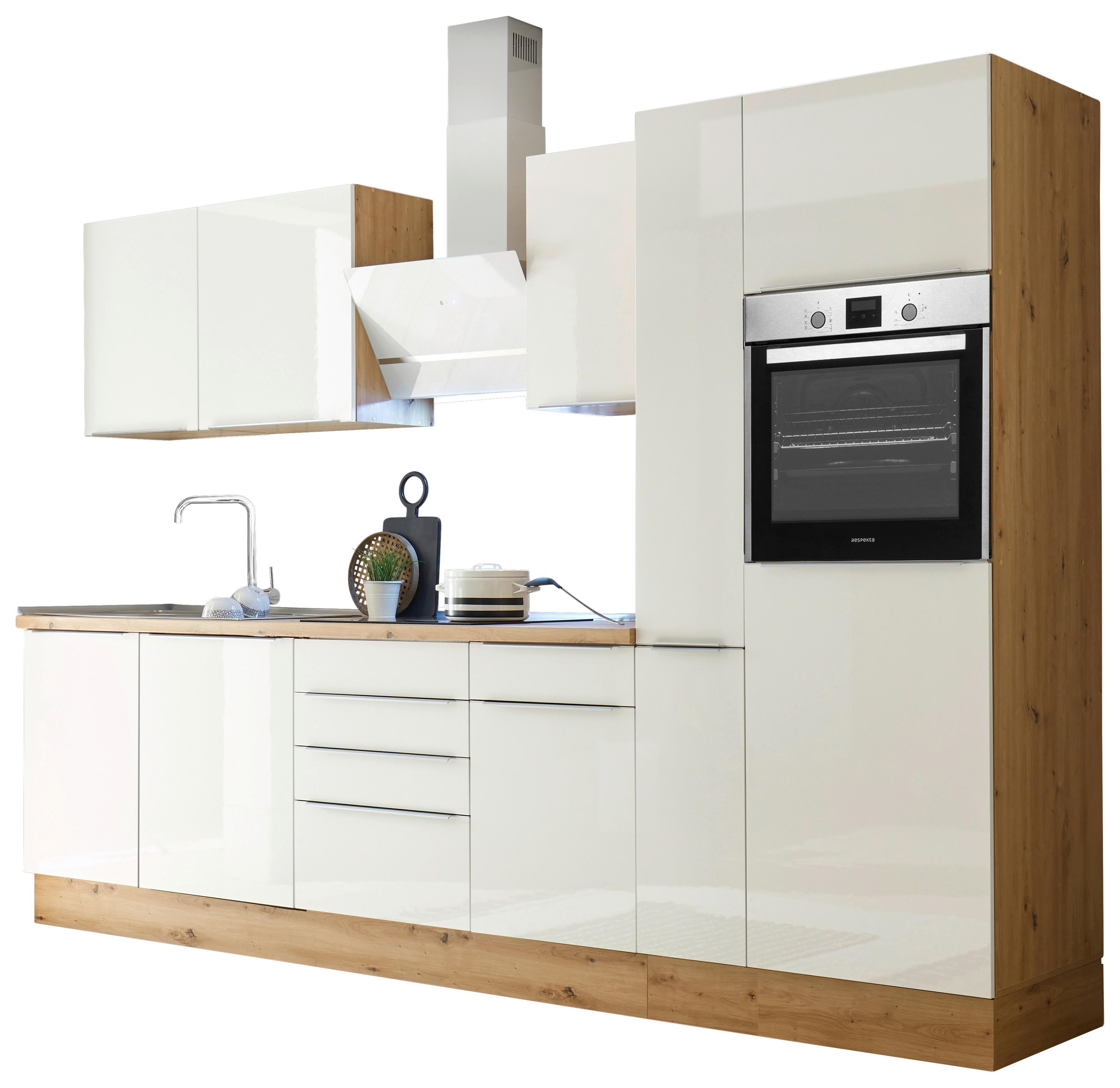 Küchenblock Marleen m. Geräten Weiß B: ca. 310 cm - Weiß Hochglanz/Alufarben, LIFESTYLE, Holzwerkstoff/Kunststoff (310/211/60cm) - Respekta
