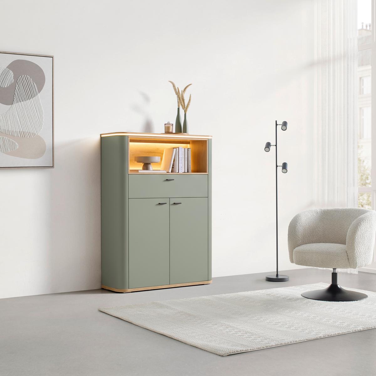 Highboard Lagos Salbeigrün/Eiche Artisan - Salbeigrün/Anthrazit, MODERN, Holzwerkstoff/Kunststoff (109,2/148,3/37,5cm) - Premium Living