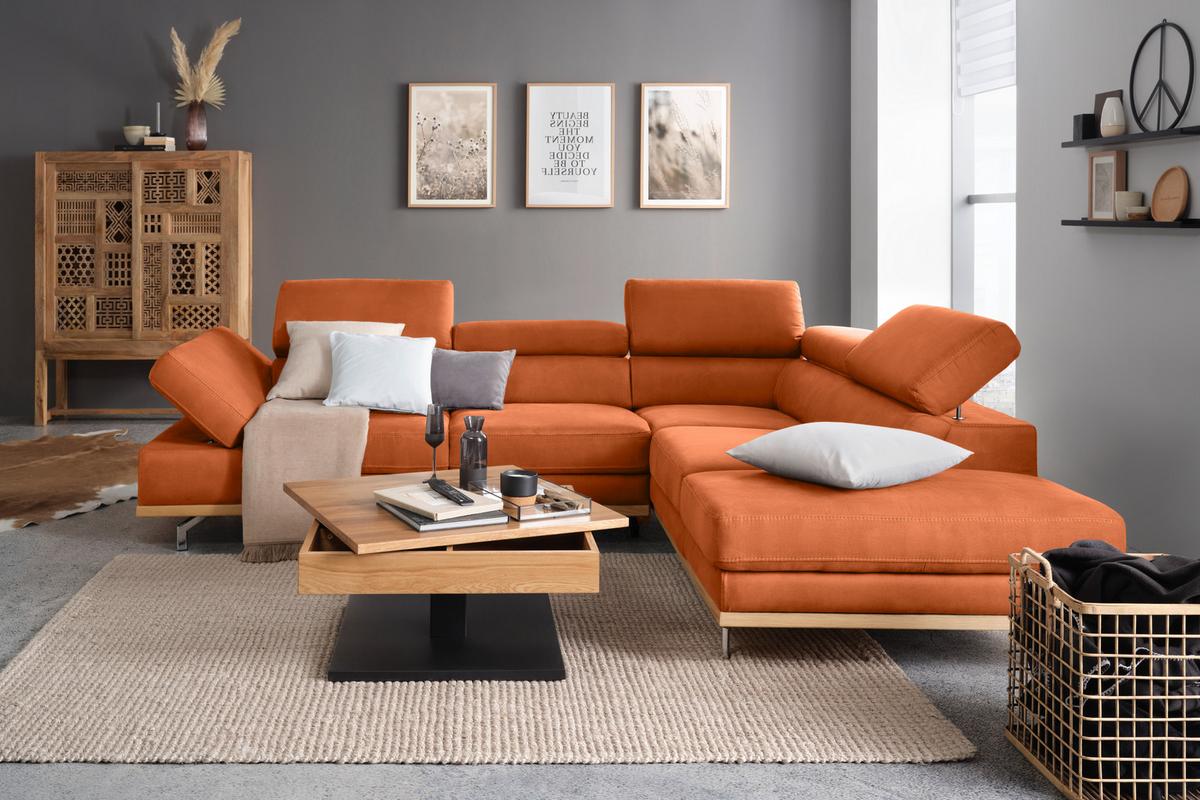 Ecksofa Carmen Orange - Chromfarben/Schwarz, KONVENTIONELL, Holz/Textil (292/72/226cm) - Premium Living