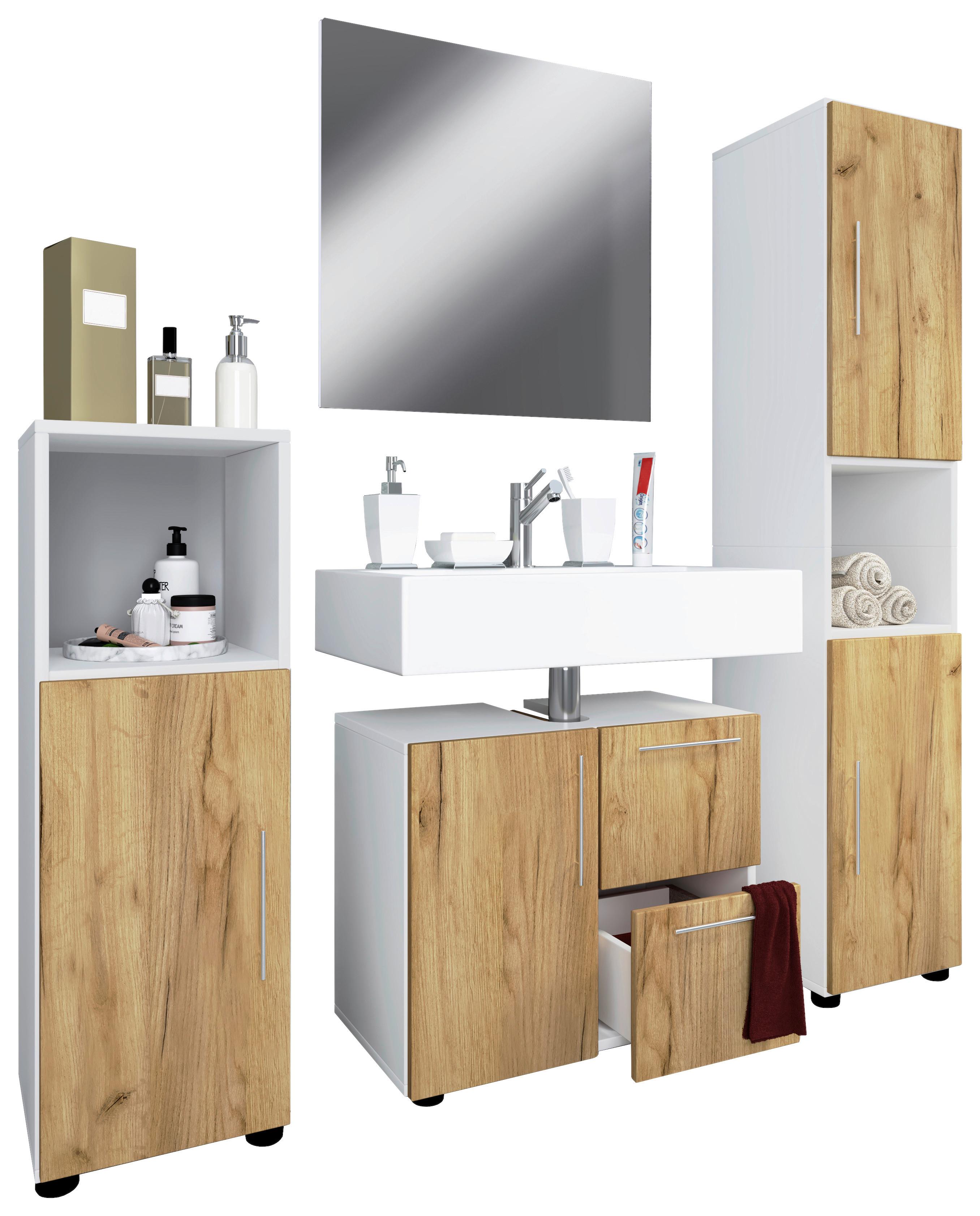 Badezimmer Flandu 4-tlg. ca. 123 cm Honigeiche/Weiß - Honigeiche/Silberfarben, MODERN, Holzwerkstoff/Kunststoff (123cm) - MID.YOU