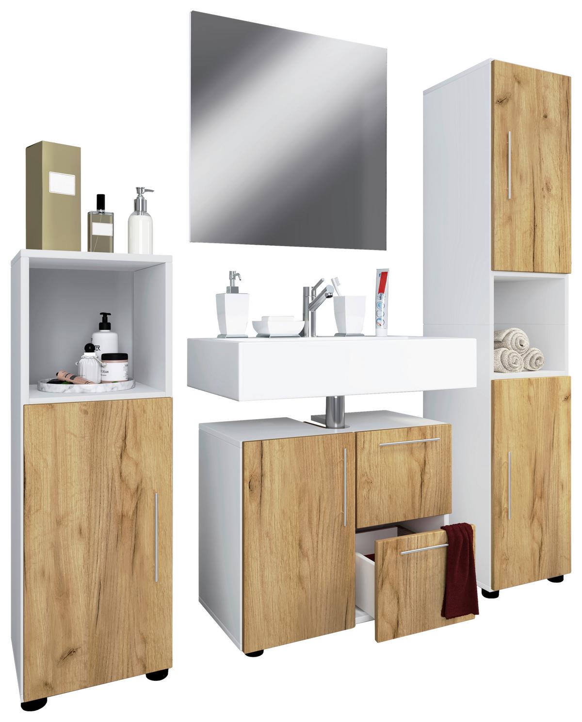 Badezimmer Flandu 4-tlg. ca. 123 cm Honigeiche/Weiß - Honigeiche/Silberfarben, MODERN, Holzwerkstoff/Kunststoff (123cm) - MID.YOU