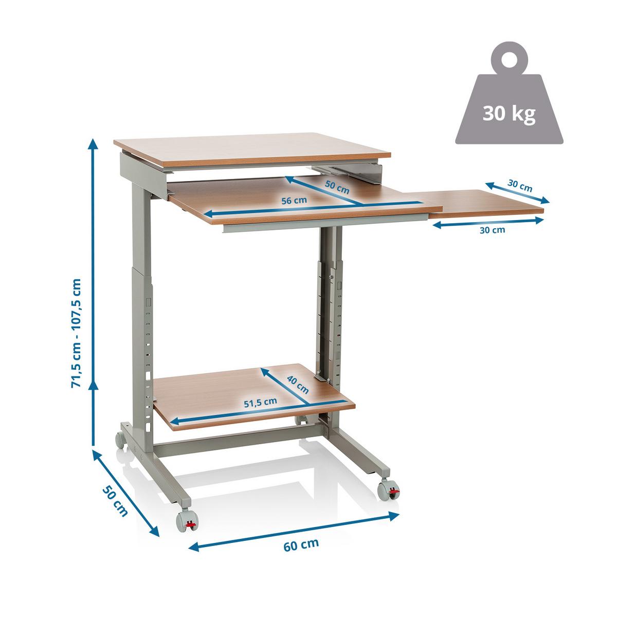 Pisalna Miza Workstation, Siva, Barva Bukve - siva/barve bukve, Basics, kovina/umetna masa (60/71,5-107,5/50cm) - MID.YOU