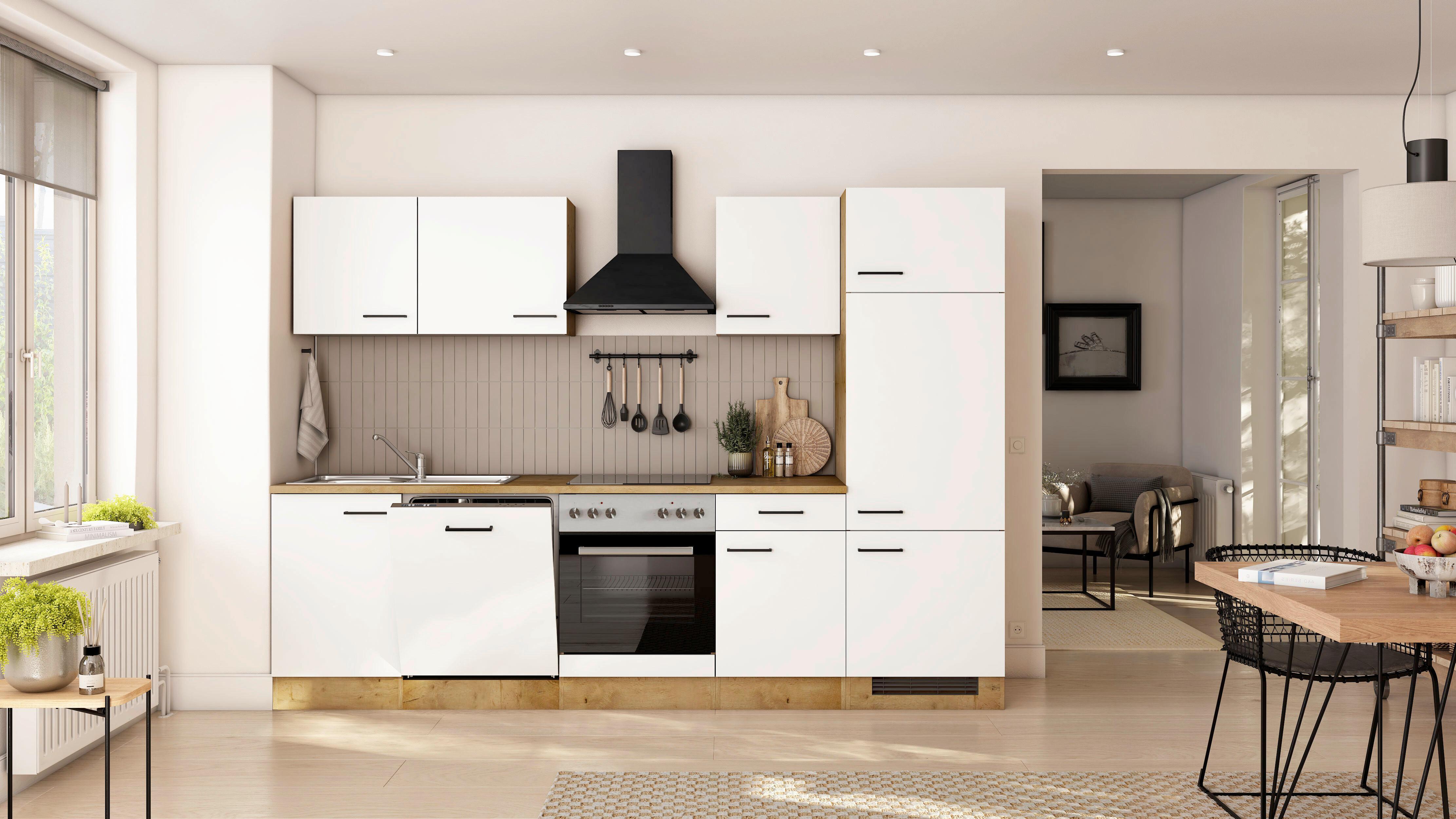 Küchenblock Avila m. Geräten Magnolie - Eichefarben/Magnolie, Trend, Holzwerkstoff/Metall (280cm) - FlexWell