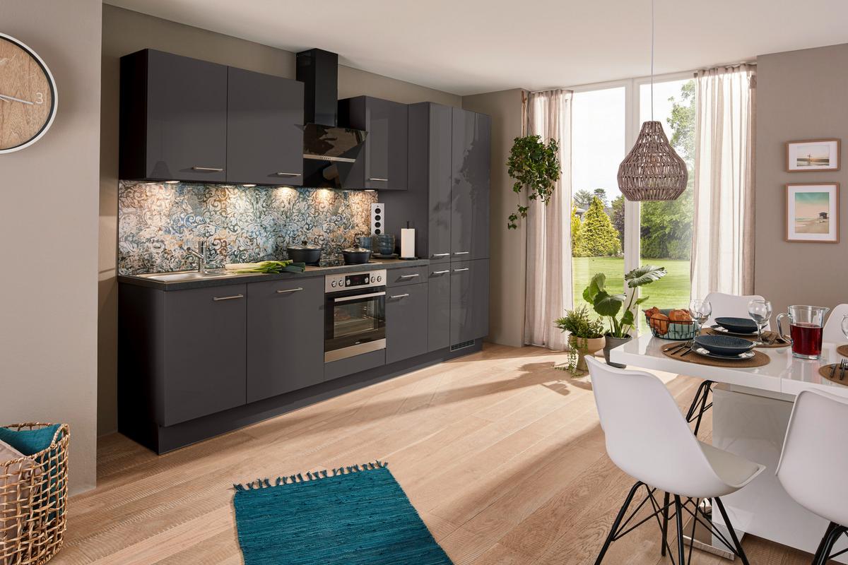 Küchenblock IP4050 in Grafit Hochglanz - Edelstahlfarben/Lavagrau, MODERN, Holzwerkstoff/Metall (310cm) - Impuls