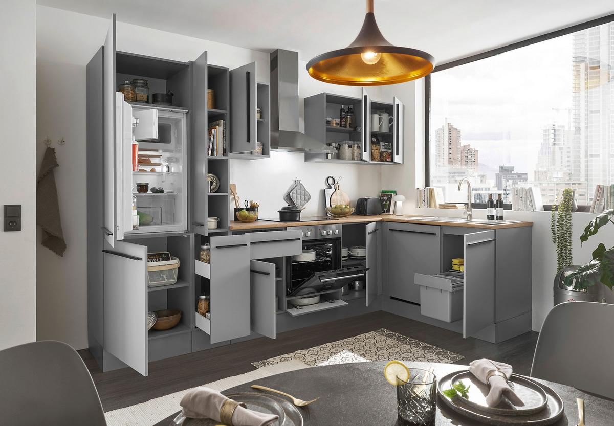 Eckküche Denver m. Geräten ca. 310x175cm Grau - Eichefarben/Schwarz, Design, Holzwerkstoff/Kunststoff (310/175cm) - P & B
