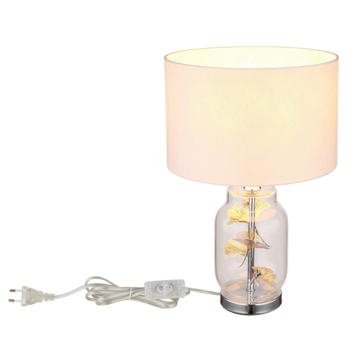 TISCHLEUCHTE GINKO 24141C - Chromfarben/Weiss, Konventionell, Glas/Textil (25/38cm) - Globo