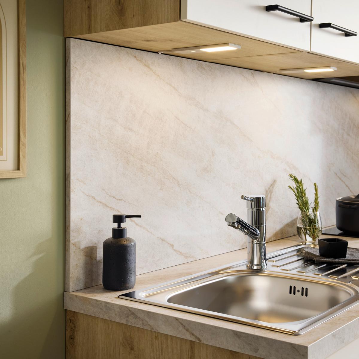 Küchenblock IP1200 o. Geräte Weiß/Eiche - Eichefarben/Schwarz, MODERN, Holzwerkstoff/Metall (310cm) - Impuls