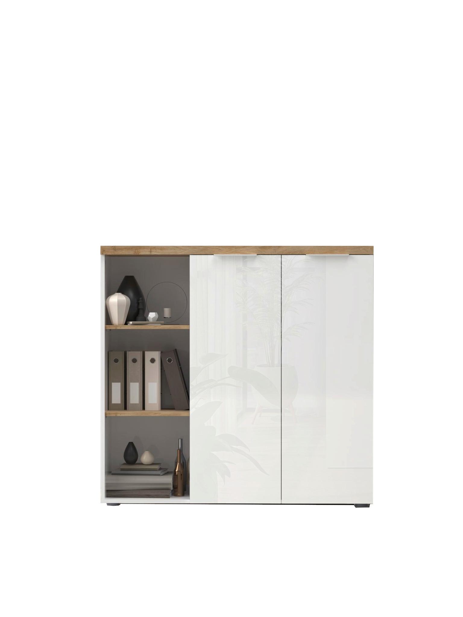 Schrank Easy Office Eichefarben/Weiß Hochglanz - Weiß Hochglanz/Eichefarben, MODERN, Holzwerkstoff/Metall (121/116/34cm) - Mömax