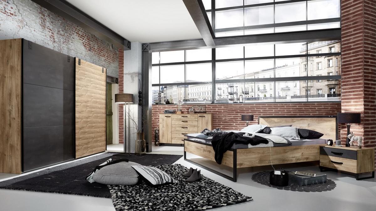 DULAP USI CULISANTE DETROIT - culoare lemn stejar/grafit, Basics, material pe bază de lemn (250/216/65cm) - Modern Living