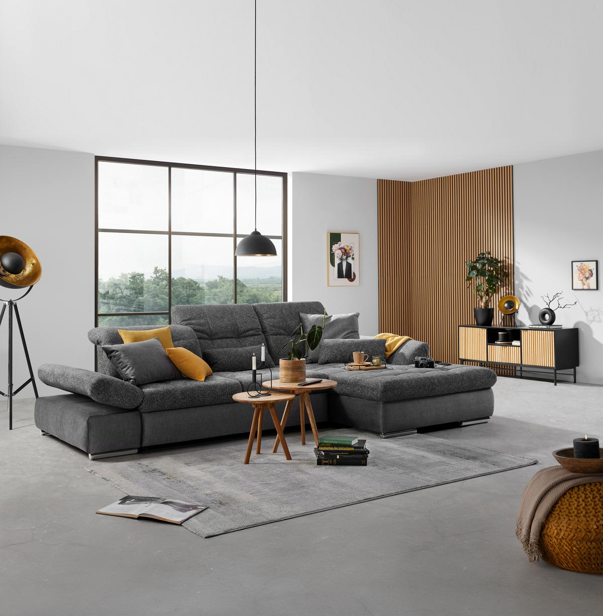 Wohnlandschaft Sanfino in Grau mit Bettfunktion - Chromfarben/Graphitfarben, KONVENTIONELL, Holz/Textil (305/79-96/199cm) - Premium Living