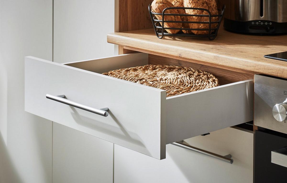 Küchenblock Hilde m. Insel m. Geräten ca.280cm Eiche/Weiß - Wildeiche/Alufarben, Design, Holzwerkstoff/Metall (280-150cm) - Respekta