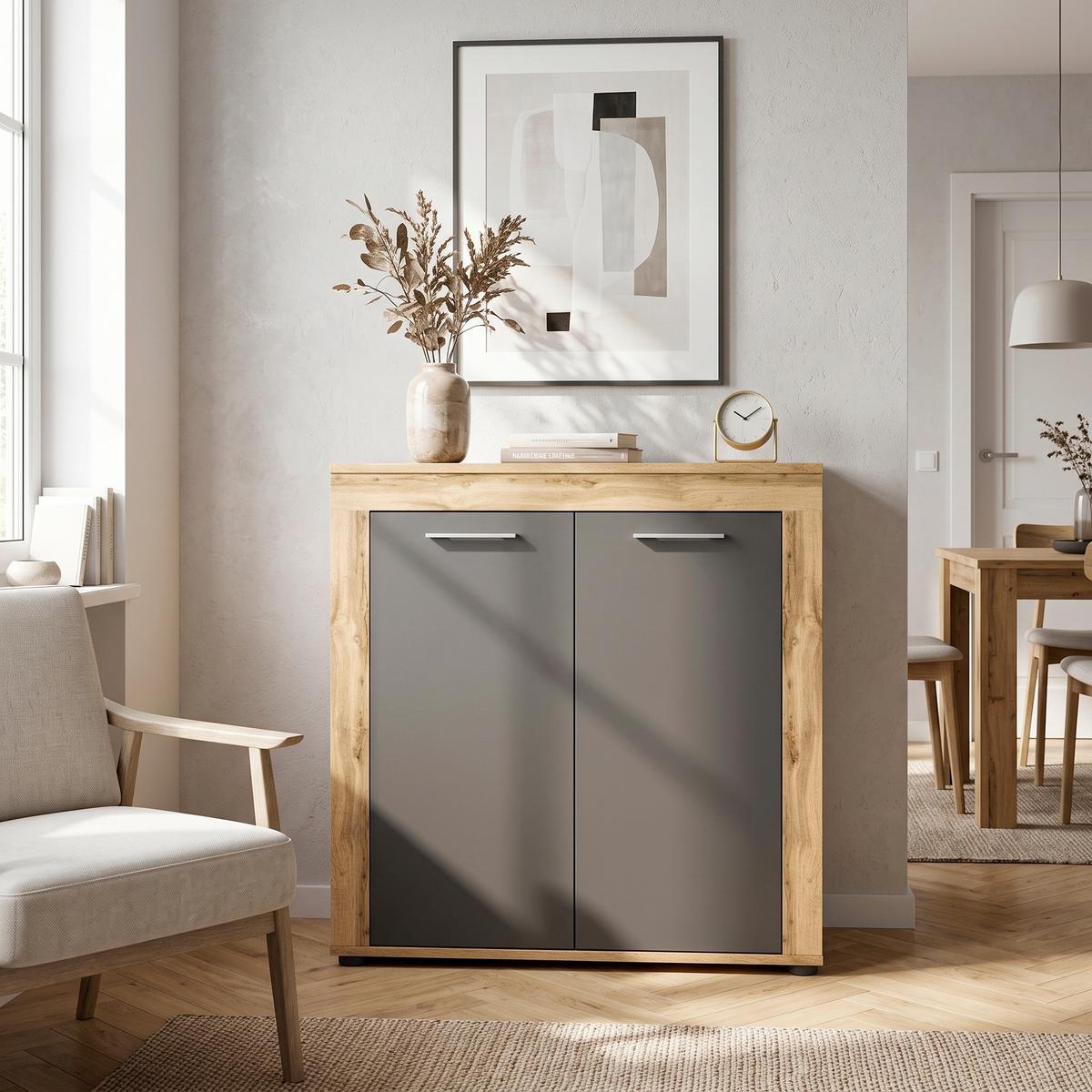 Highboard Jam ca. 80x88x35 cm Eiche/Grau - Eiche Wotan/Silberfarben, Design, Holzwerkstoff/Kunststoff (80/88/35cm) - MID.YOU
