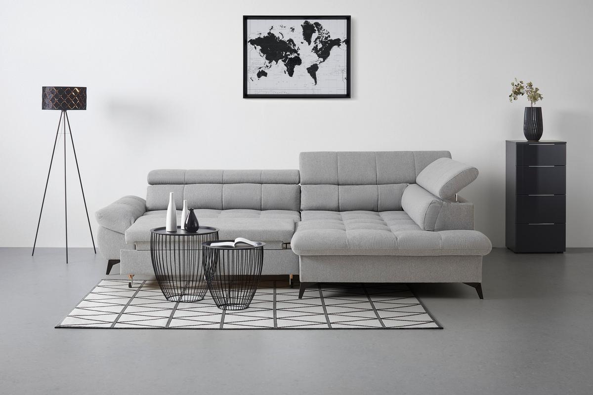 Wohnlandschaft Alberto Hellgrau mit Bettfunktion - Hellgrau/Schwarz, MODERN, Textil/Metall (296/201cm) - Mömax