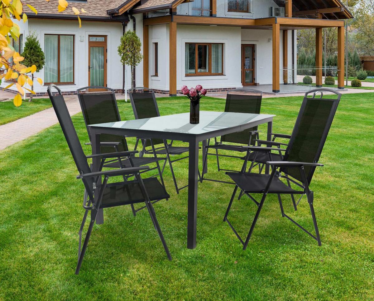 Gartentischgruppe Anthrazit 7-teilig - Anthrazit, Basics, Glas/Textil - Gardenson
