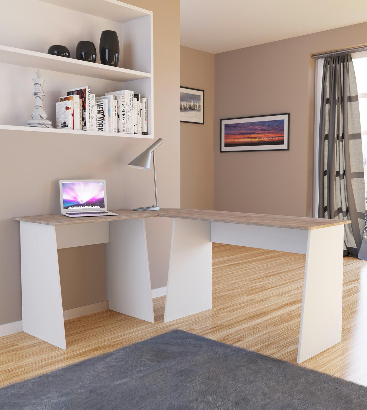 Kotna Pisalna Miza Masola, Bela, Hrast - bela/hrast sonoma, Design, leseni material (105/135/74cm) - MID.YOU