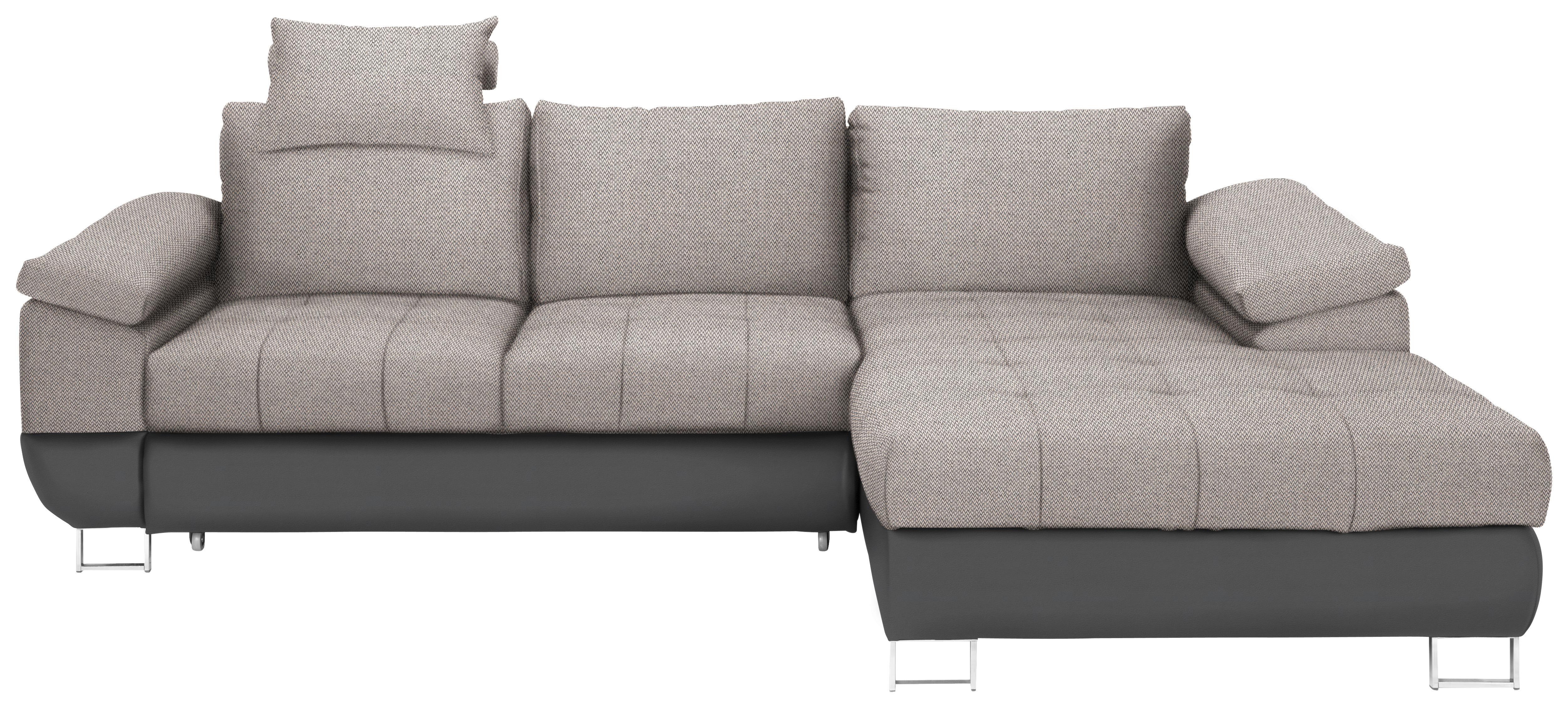 Wohnlandschaft in Grau/Schlamm mit Bettfunkt. - Chromfarben/Schlammfarben, MODERN, Kunststoff/Textil (268/170cm) - Based