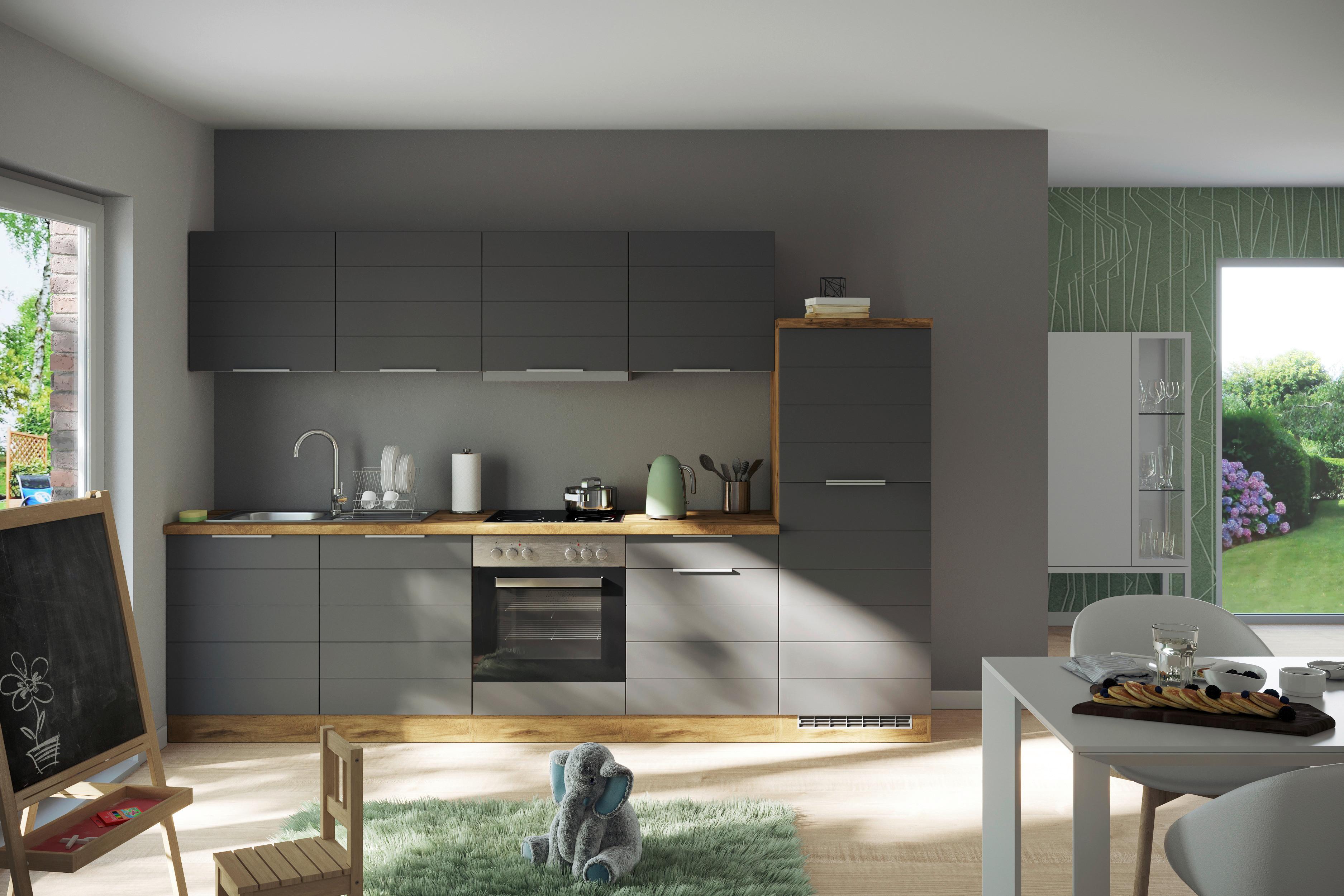 Küchenzeile Florenz ohne Geräte ca. 300 cm Grau/Eiche - Eiche Wotan/Grau, Design, Holzwerkstoff/Metall (300cm) - Held