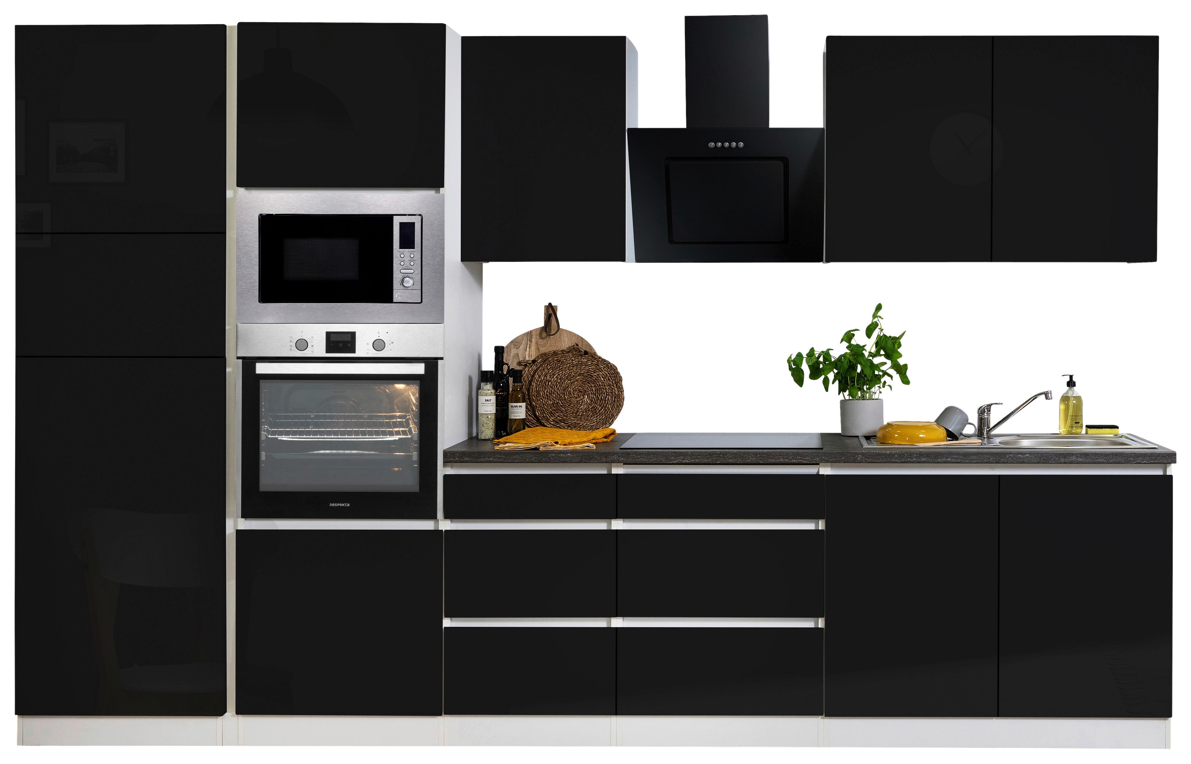 Küchenblock Lorena mit Geräten ca. 335 cm Schwarz Hochglanz - Schwarz Hochglanz/Graphitfarben, Basics, Holzwerkstoff (335cm) - Respekta