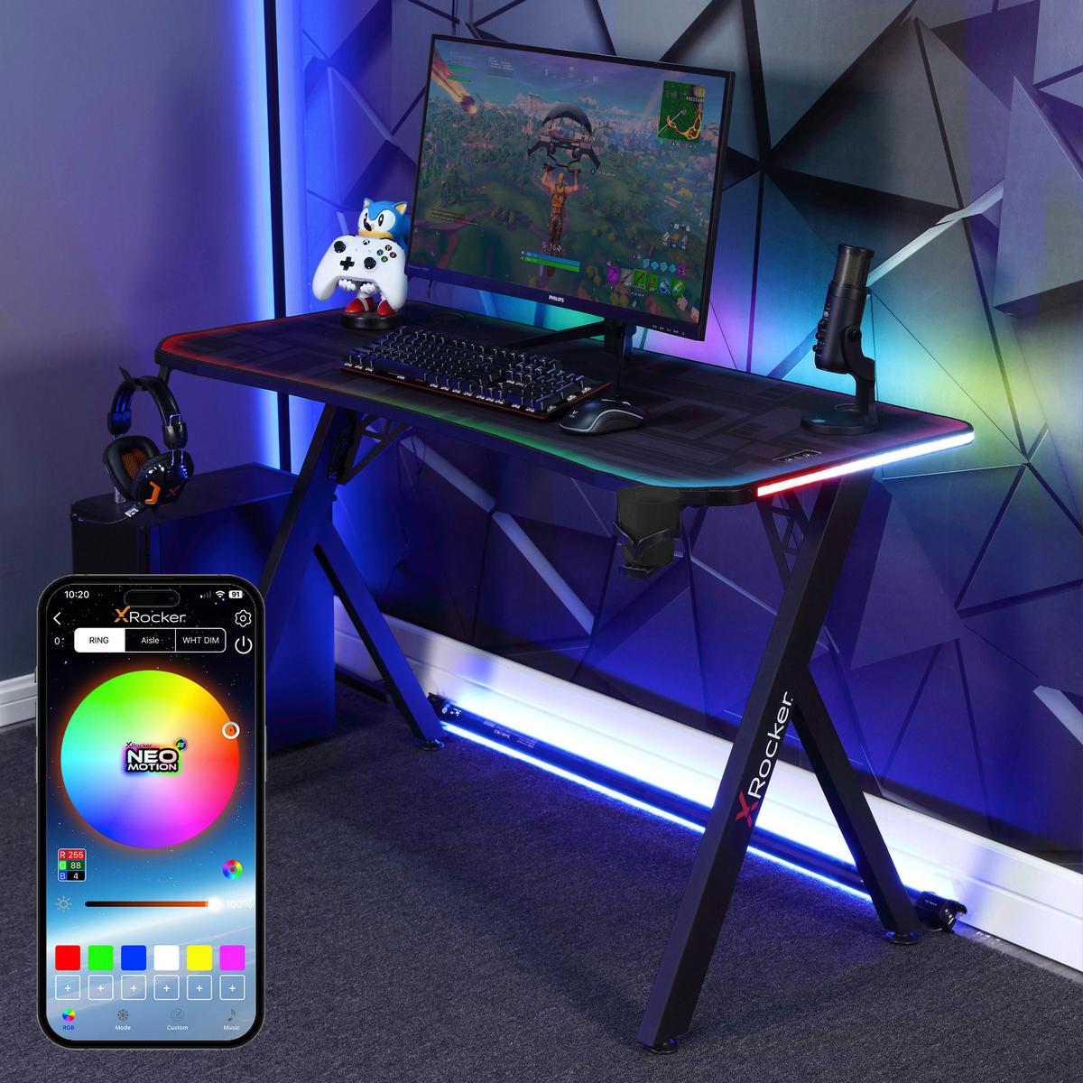 Gamingtisch XR Lumio ca. 110x55x75 cm Schwarz mit LED - Schwarz, MODERN, Holzwerkstoff/Metall (110/55/75cm) - X Rocker